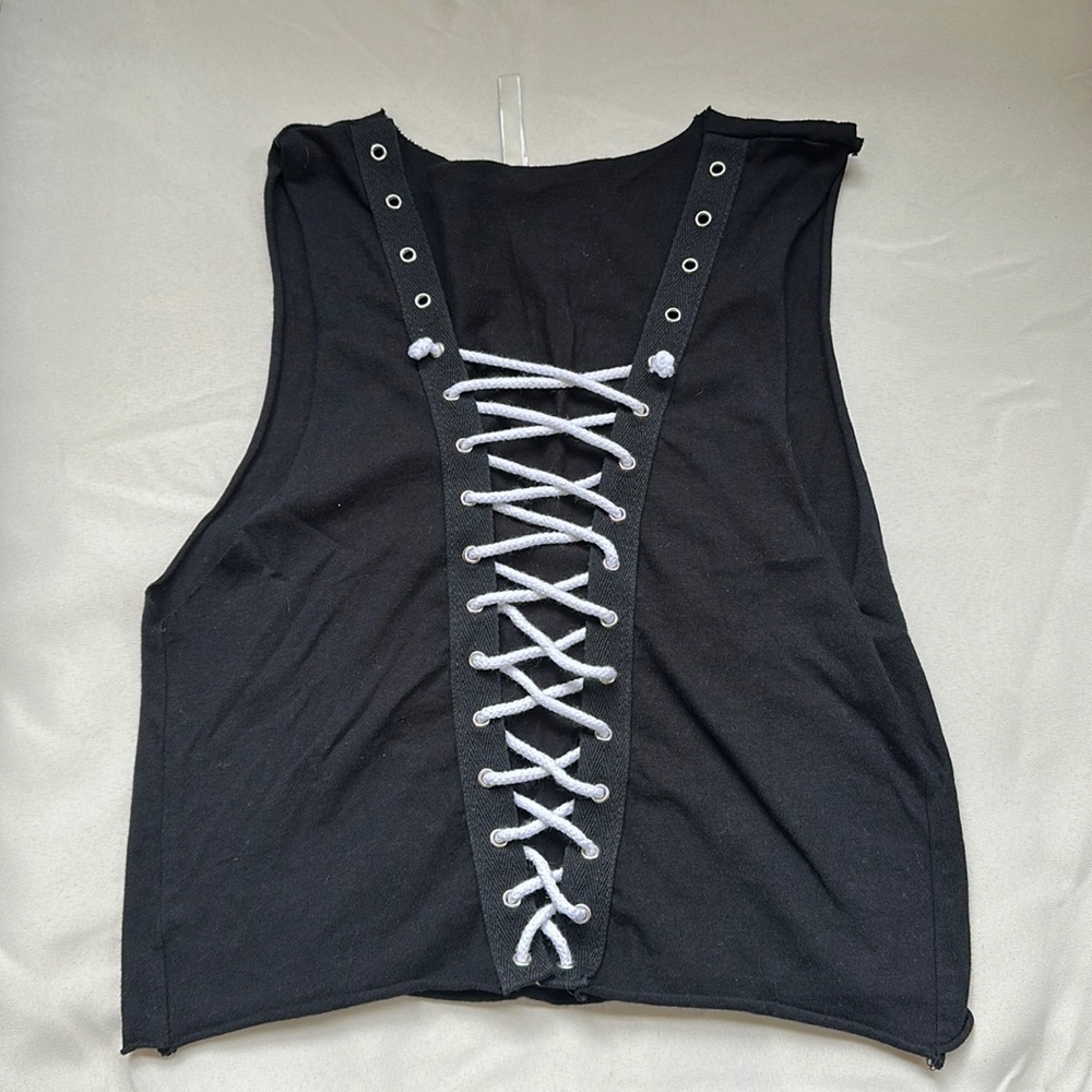 90’s style black tank with white lace up front